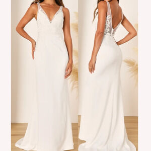 LULU'S Sm Precious Promise White Satin Embroidered Lace Mermaid Maxi Dress NWOT